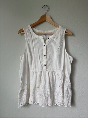 Sonoma White Eyelet Button Front Pintuck Tank Top Women’s Sz Large 100% Cotton